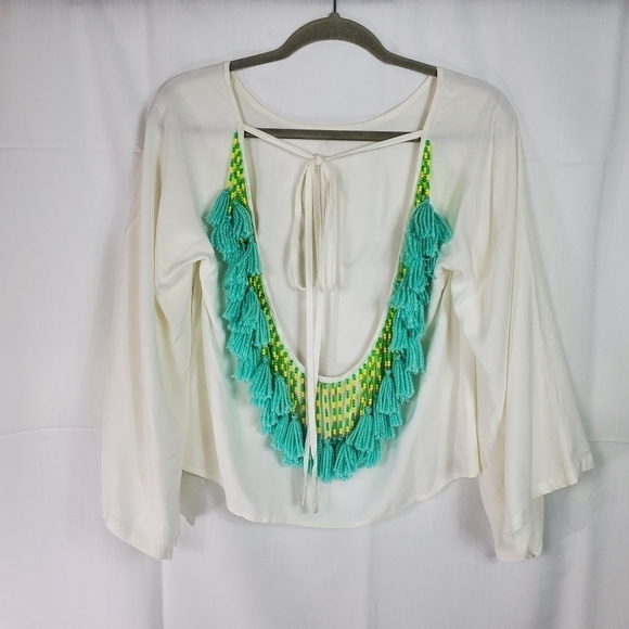 Sundress Fringe and Beaded thin white long bell sleeve top size Small - Picture 2 of 8